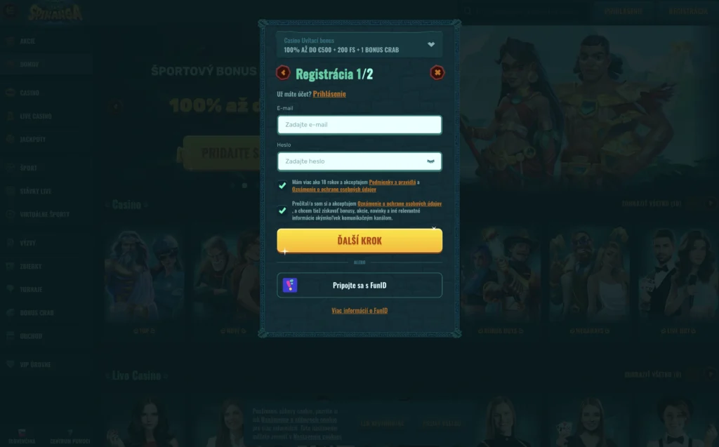 registrácia v Spinanga Casino