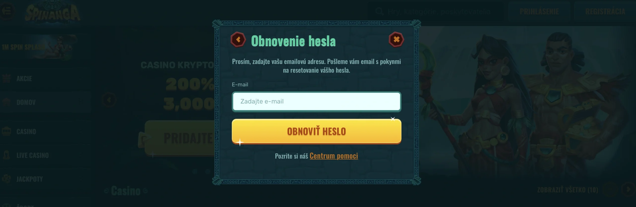 obnova hesla a registrácia v spinanga casine