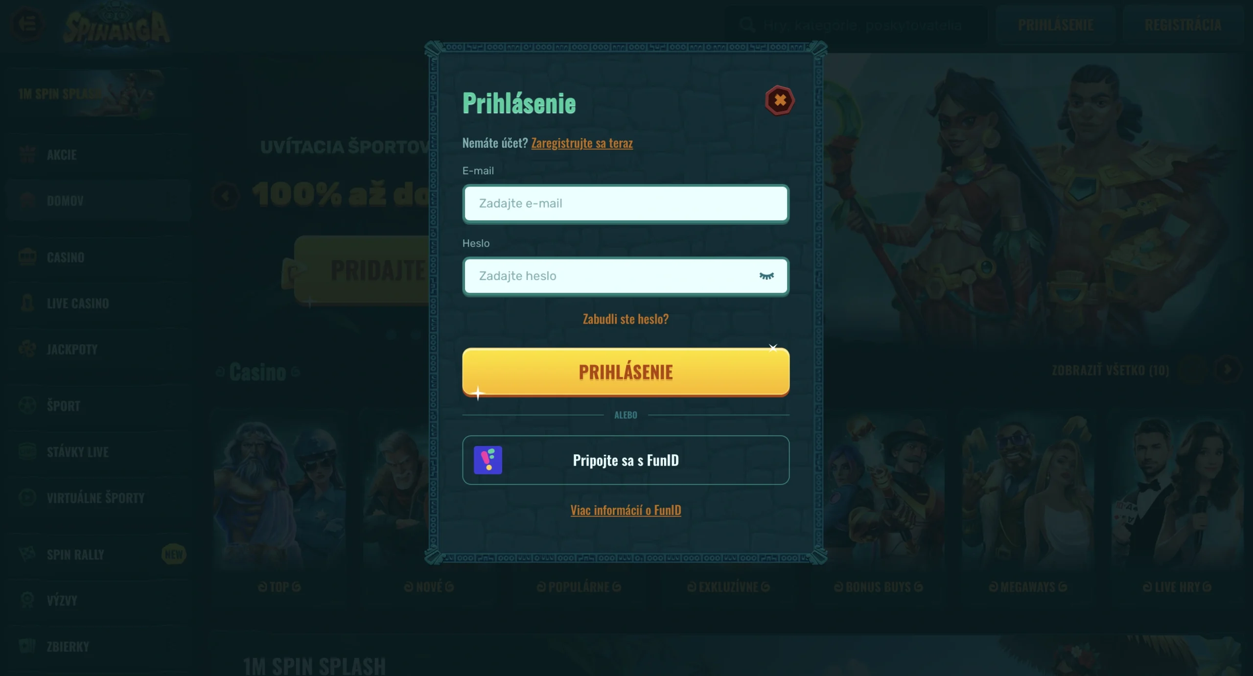 prihlásenie a registrácia v Spinanga Casino