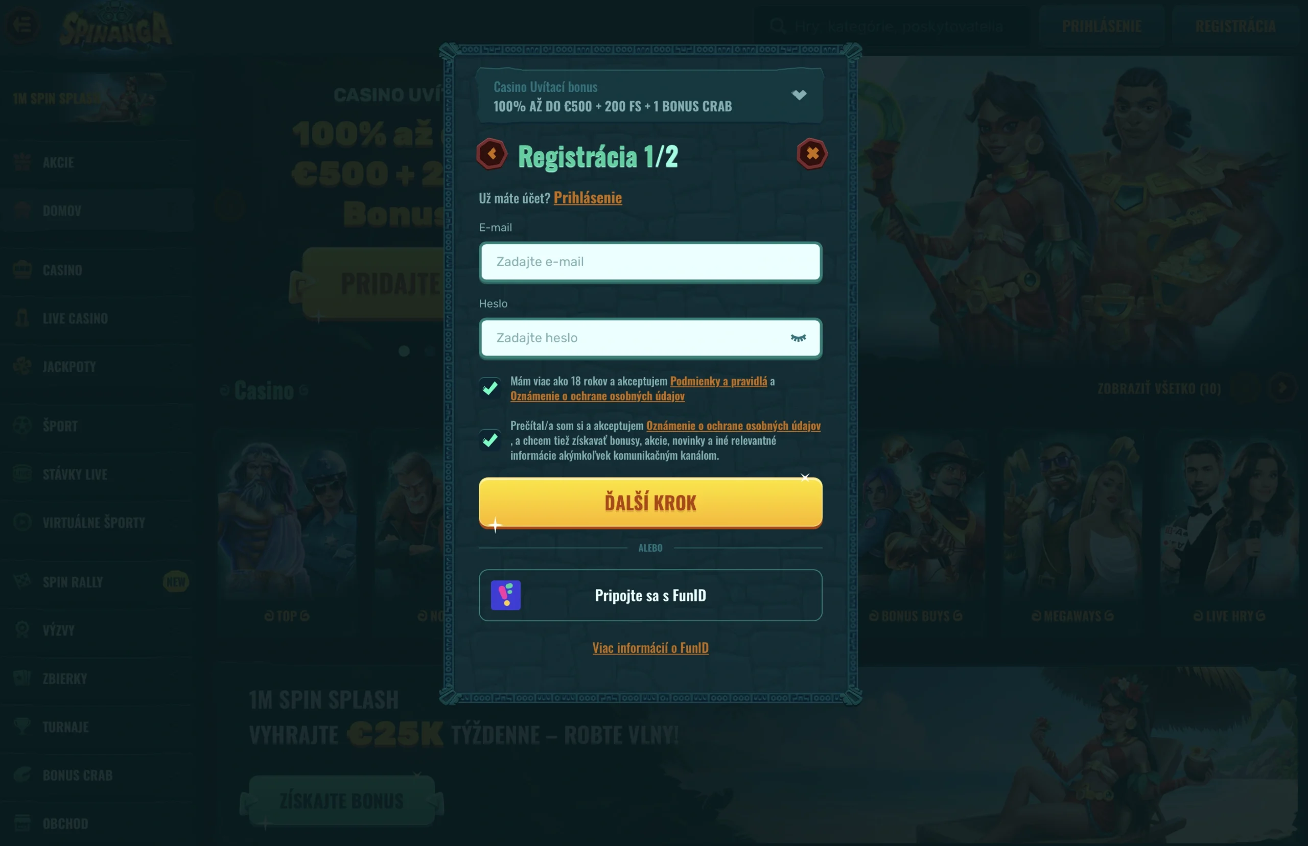 registrácia v Spinanga Casino