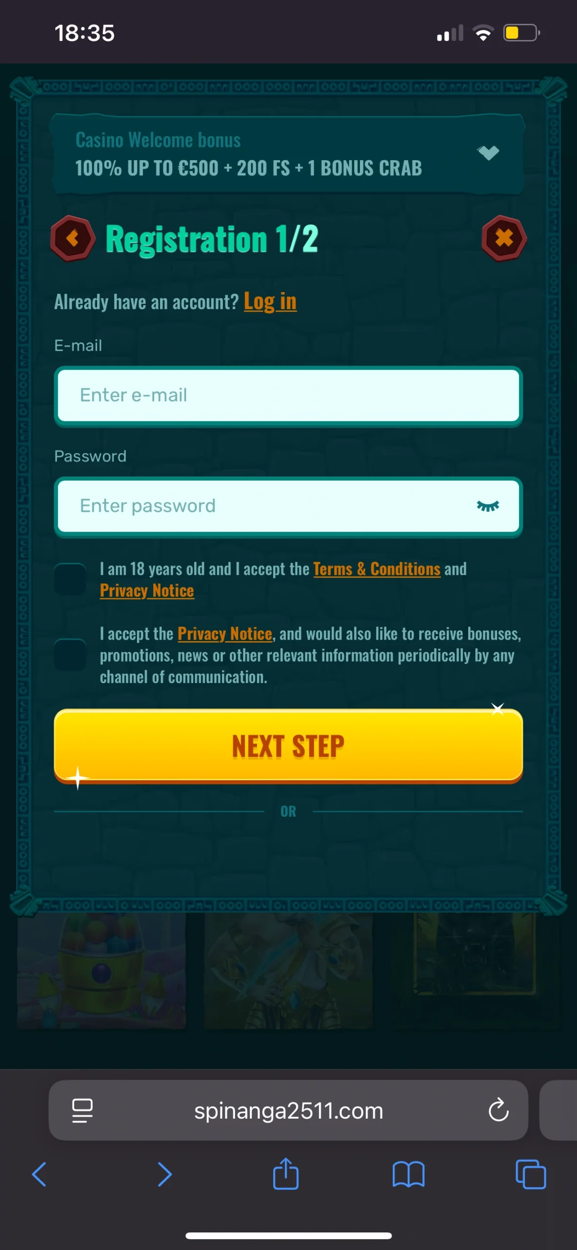 Registrácia v Spinanga App